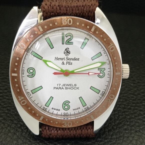 Vintage 1973  Henri Sandoz Manual Mens Silver Watch W/Nato Strap - Picture 4 of 9